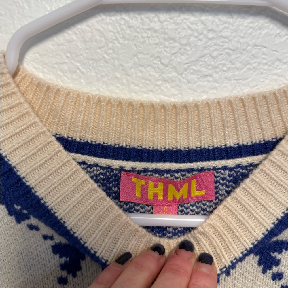 THML Blue Bow Lattice Short Sleeve Knit Sweater Cream Navy Preppy Cottagecore - Picture 4 of 9